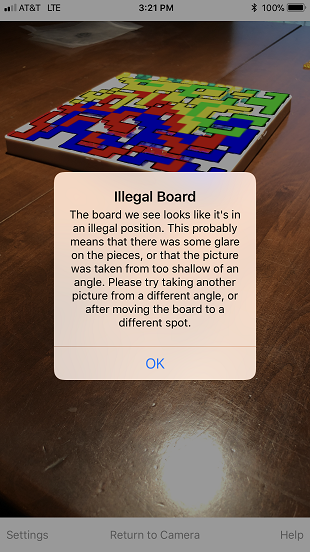 An image of the app telling you that the board doesn't look right.